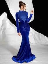 Velvet Long Sleeve Fitted Formal Evening Gown With Stand Collar And Stretchy Mermaid Tail, Autumn/Winter